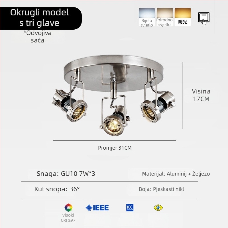 Industrijski stil: LED-spotovi s površinskim montažom, Bauhaus vintage metalna prilagodljiva rasvjeta za kafiće i trgovine odjećom.