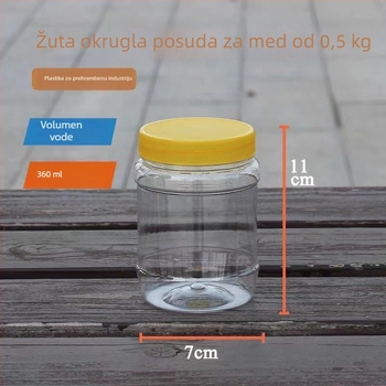Plastične bočice za med s širokim otvorom, set kvadratne i kružne forme, kapaciteta 360 ml svaka, s unutarnjim poklopcem, PET, poklopac PP