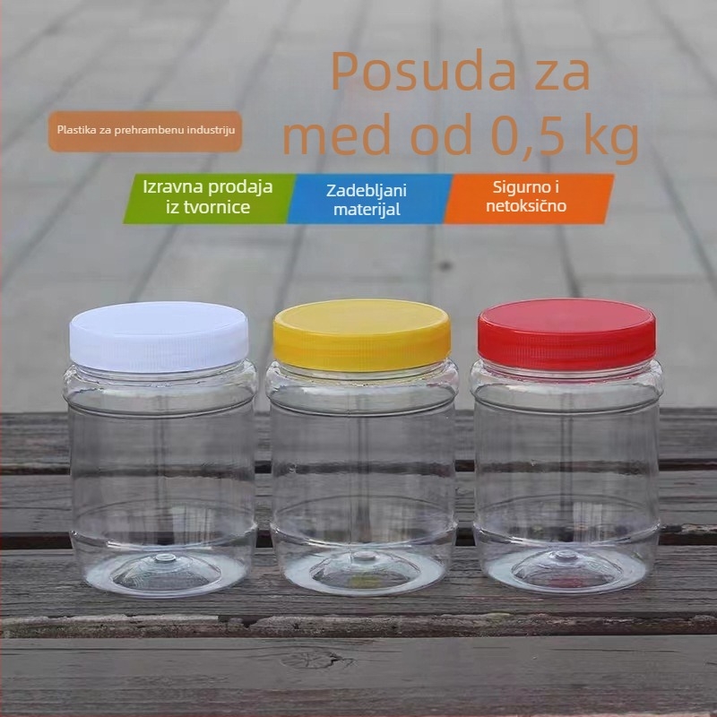 Plastične bočice za med s širokim otvorom, set kvadratne i kružne forme, kapaciteta 360 ml svaka, s unutarnjim poklopcem, PET, poklopac PP