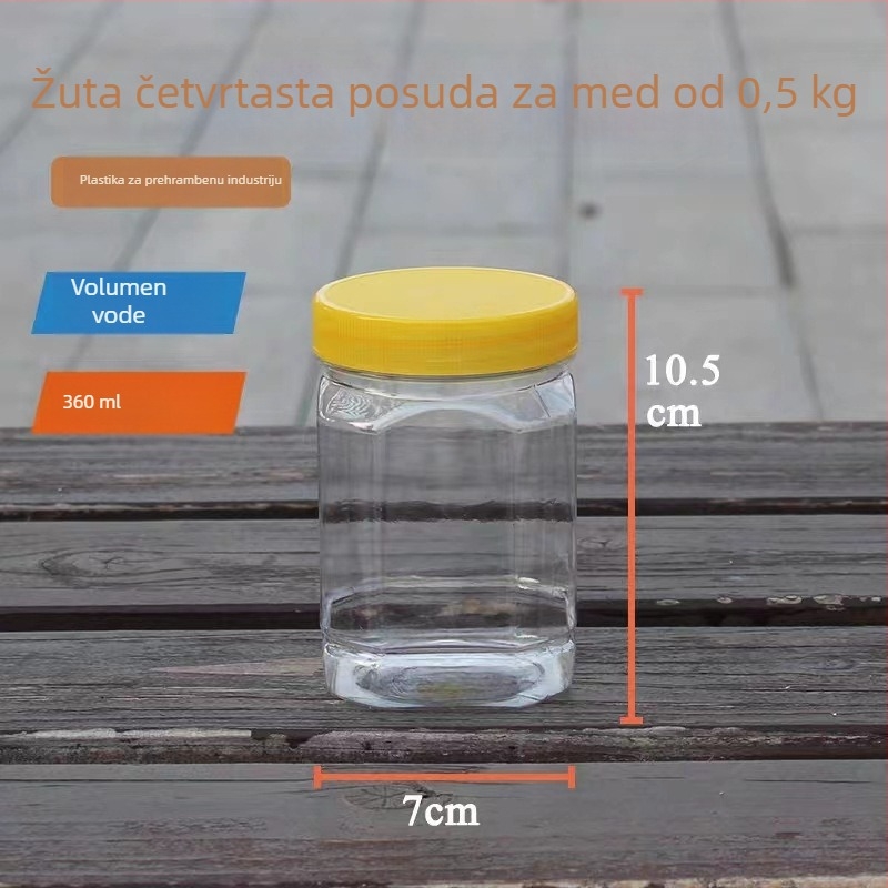 Plastične bočice za med s širokim otvorom, set kvadratne i kružne forme, kapaciteta 360 ml svaka, s unutarnjim poklopcem, PET, poklopac PP