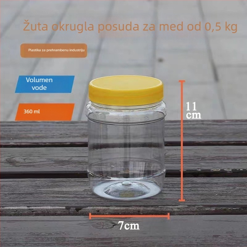 Plastične bočice za med s širokim otvorom, set kvadratne i kružne forme, kapaciteta 360 ml svaka, s unutarnjim poklopcem, PET, poklopac PP