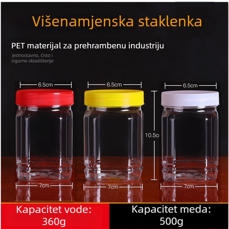 Plastične bočice za med s širokim otvorom, set kvadratne i kružne forme, kapaciteta 360 ml svaka, s unutarnjim poklopcem, PET, poklopac PP