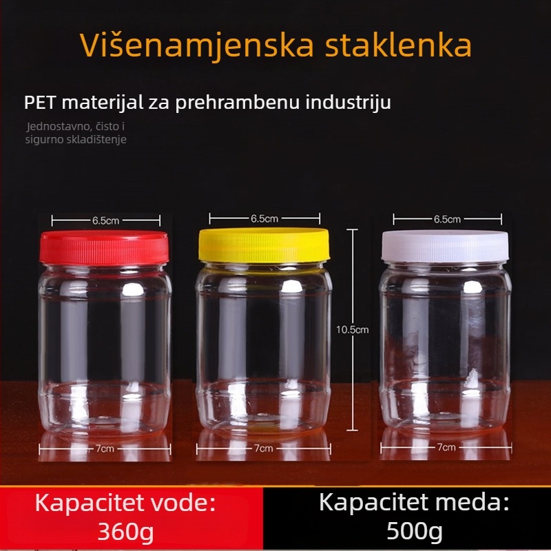 Plastične bočice za med s širokim otvorom, set kvadratne i kružne forme, kapaciteta 360 ml svaka, s unutarnjim poklopcem, PET, poklopac PP
