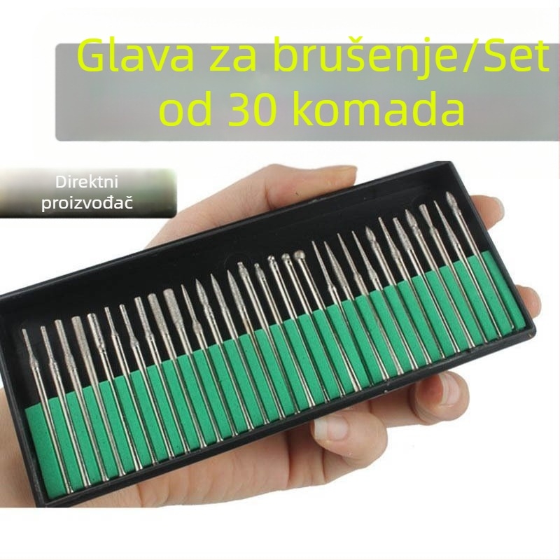 Diamantske glave za brušenje, set od 30 komada u zelenoj kutiji, s šaftom od 2,35/3,0 mm za manikuru