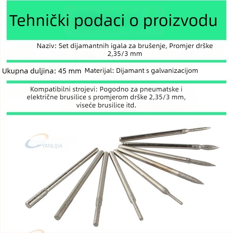 Diamantske glave za brušenje, set od 30 komada u zelenoj kutiji, s šaftom od 2,35/3,0 mm za manikuru