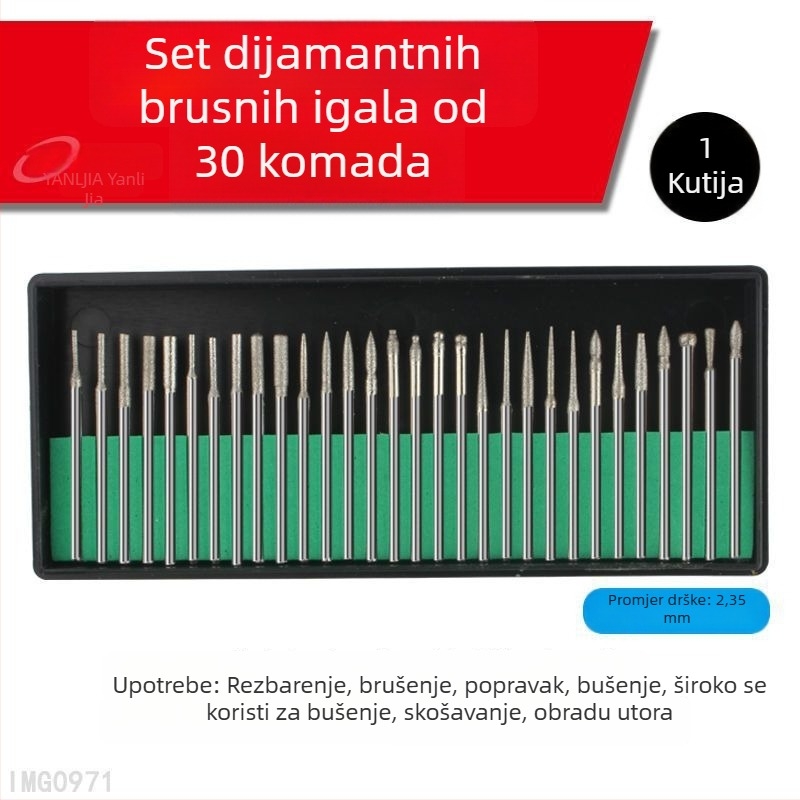 Diamantske glave za brušenje, set od 30 komada u zelenoj kutiji, s šaftom od 2,35/3,0 mm za manikuru