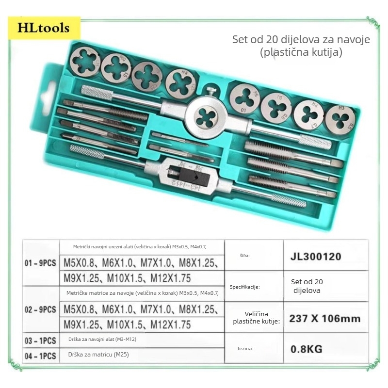 Metrički set za navoj (tap i die), velik okvir, legirano čelika