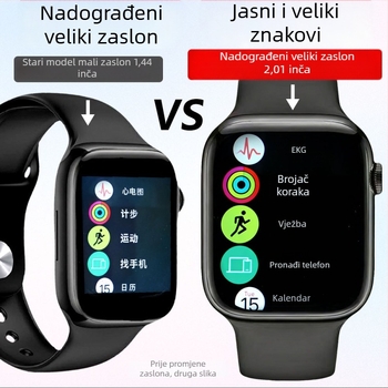 Višenamjenski pametni sat s praćenjem krvnog tlaka, otkucaja srca, šećera u krvi, praćenjem sna, Bluetooth pozivi, NFC i USB punjenje; 2,01 inčni TFT zaslon, kvadratno kućište od aluminijske legure, silikon narukvica.