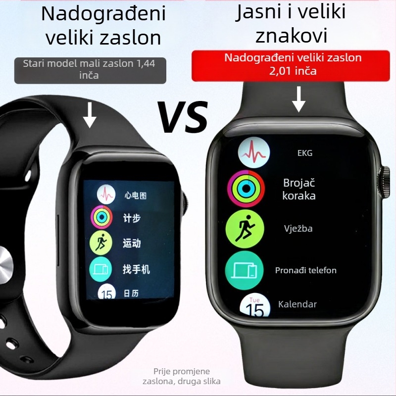 Višenamjenski pametni sat s praćenjem krvnog tlaka, otkucaja srca, šećera u krvi, praćenjem sna, Bluetooth pozivi, NFC i USB punjenje; 2,01 inčni TFT zaslon, kvadratno kućište od aluminijske legure, silikon narukvica.