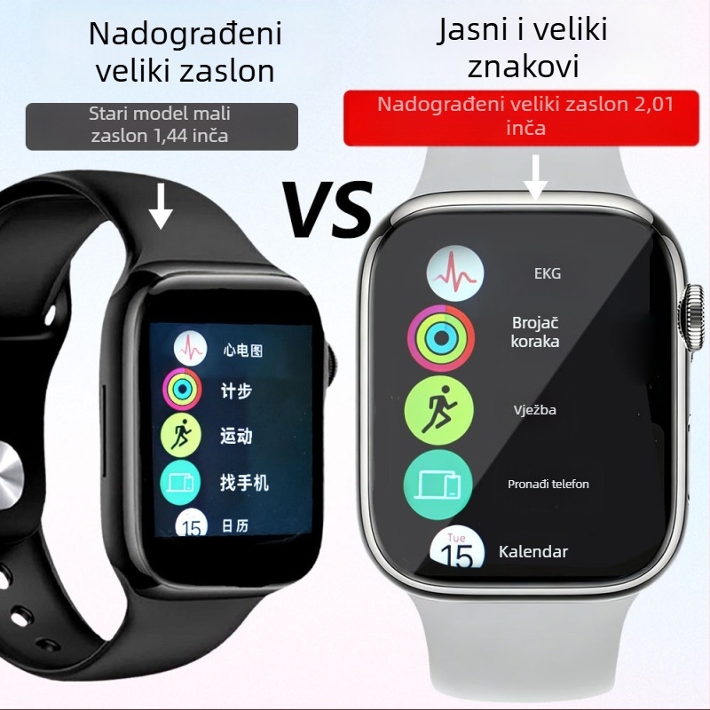 Višenamjenski pametni sat s praćenjem krvnog tlaka, otkucaja srca, šećera u krvi, praćenjem sna, Bluetooth pozivi, NFC i USB punjenje; 2,01 inčni TFT zaslon, kvadratno kućište od aluminijske legure, silikon narukvica.