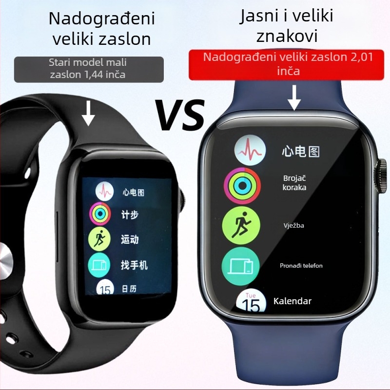 Višenamjenski pametni sat s praćenjem krvnog tlaka, otkucaja srca, šećera u krvi, praćenjem sna, Bluetooth pozivi, NFC i USB punjenje; 2,01 inčni TFT zaslon, kvadratno kućište od aluminijske legure, silikon narukvica.
