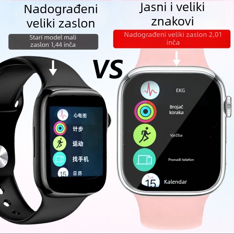 Višenamjenski pametni sat s praćenjem krvnog tlaka, otkucaja srca, šećera u krvi, praćenjem sna, Bluetooth pozivi, NFC i USB punjenje; 2,01 inčni TFT zaslon, kvadratno kućište od aluminijske legure, silikon narukvica.