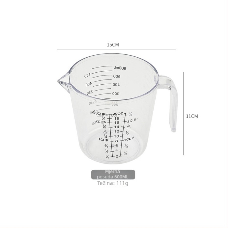 Prozirna plastična mjerna šalica sa skalom za kuhinju, 300/600/1000 ml, čvrst PS materijal