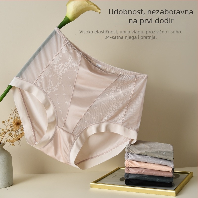 Plus-size gaćice od mreže i čipke za žene, visoka struka, završetak Ice Silk, prozračna pamukova postava prepona