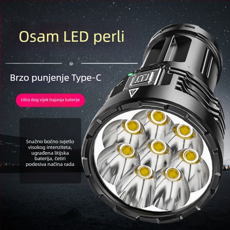 LED svjetiljka s 8 jezgri, ultrajaka za nužne situacije, vanjsku i kućnu upotrebu, prenosna, dugi domet zrake, radno svjetlo, patrola, punjiva