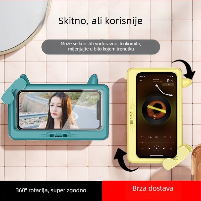 Vodootporni držač telefona za kupaonicu, zidni držač bez bušenja, vodootporna kutija protiv magljenja za mokre ruke