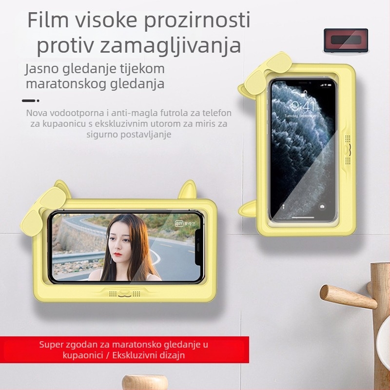 Vodootporni držač telefona za kupaonicu, zidni držač bez bušenja, vodootporna kutija protiv magljenja za mokre ruke