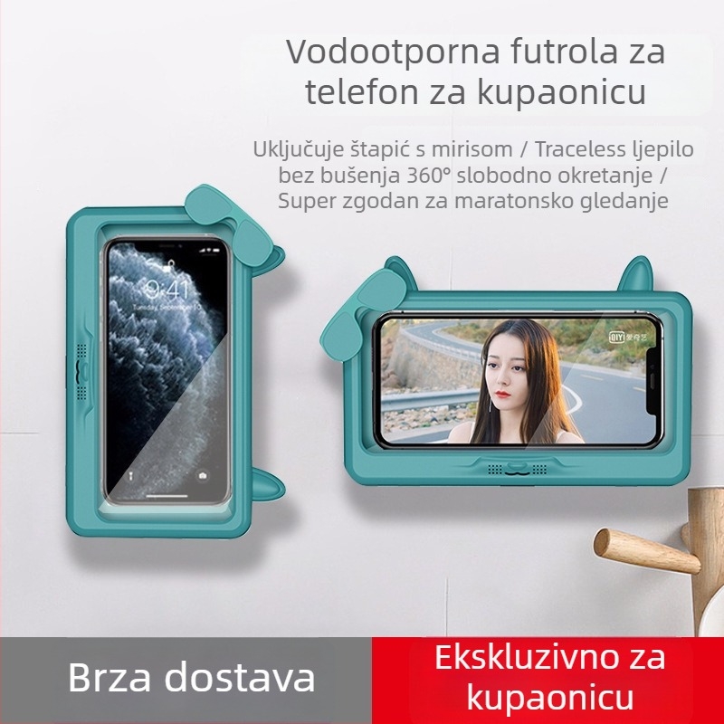 Vodootporni držač telefona za kupaonicu, zidni držač bez bušenja, vodootporna kutija protiv magljenja za mokre ruke