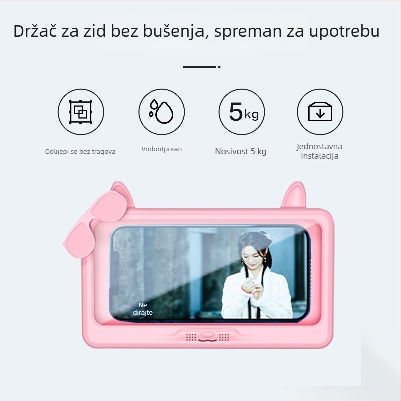 Vodootporni držač telefona za kupaonicu, zidni držač bez bušenja, vodootporna kutija protiv magljenja za mokre ruke