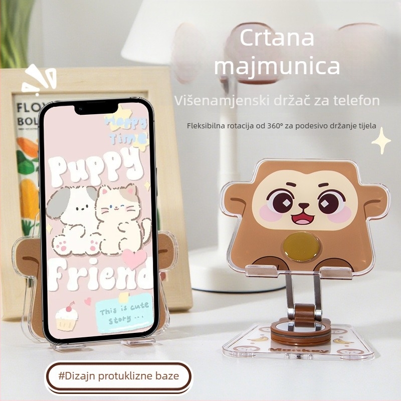 Akrilni stolni držač za telefon i tablet s motivom crtane majmune, 360° rotacija