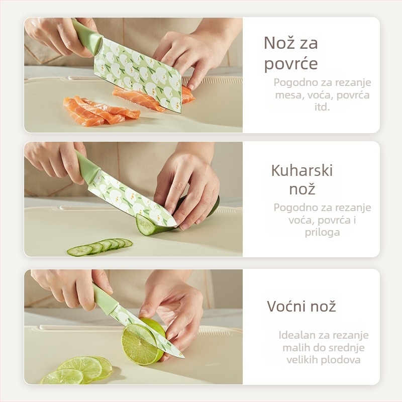 Grass Bean set kuhinjskih noževa s tulipannim printom — kuhački nož, nož za sve namjene, nož za voće, nož za rezanje