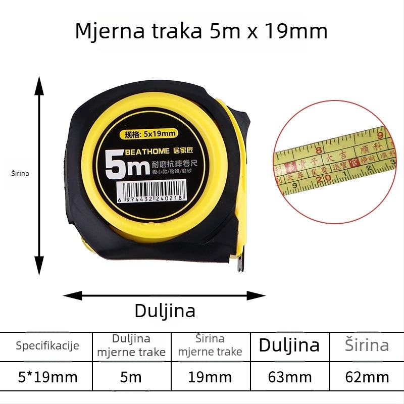 Luban ruler, otporna na padove mjernom trakom od nehrđajućeg čelika, duljine 5 m, 7,5 m, 10 m, s plastičnim kućištem.
