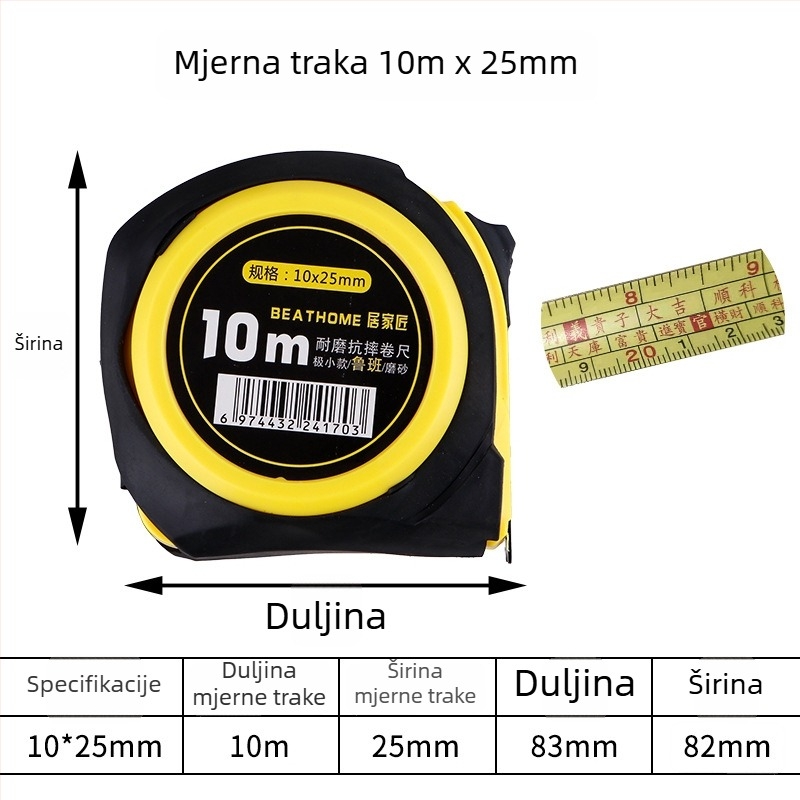 Luban ruler, otporna na padove mjernom trakom od nehrđajućeg čelika, duljine 5 m, 7,5 m, 10 m, s plastičnim kućištem.