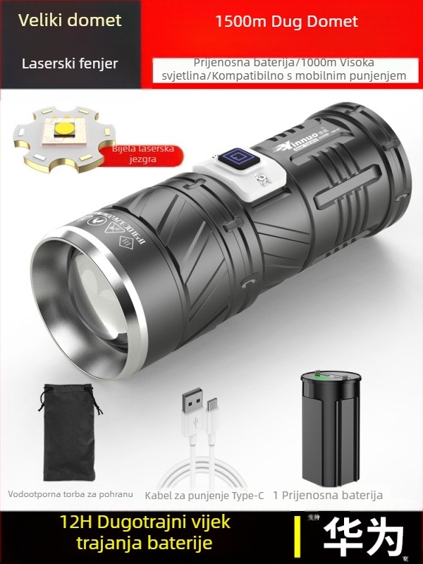 Yinnuo LED svjetiljka za vanjsku upotrebu - punjiva, ultra jaka, dugi domet iznad 500 m, vodootporna, prijenosna taktička tražilica