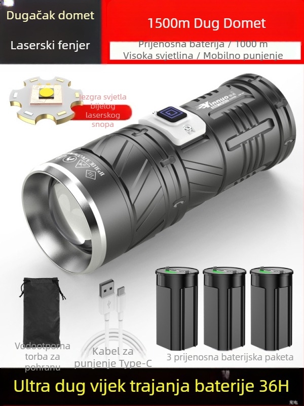 Yinnuo LED svjetiljka za vanjsku upotrebu - punjiva, ultra jaka, dugi domet iznad 500 m, vodootporna, prijenosna taktička tražilica