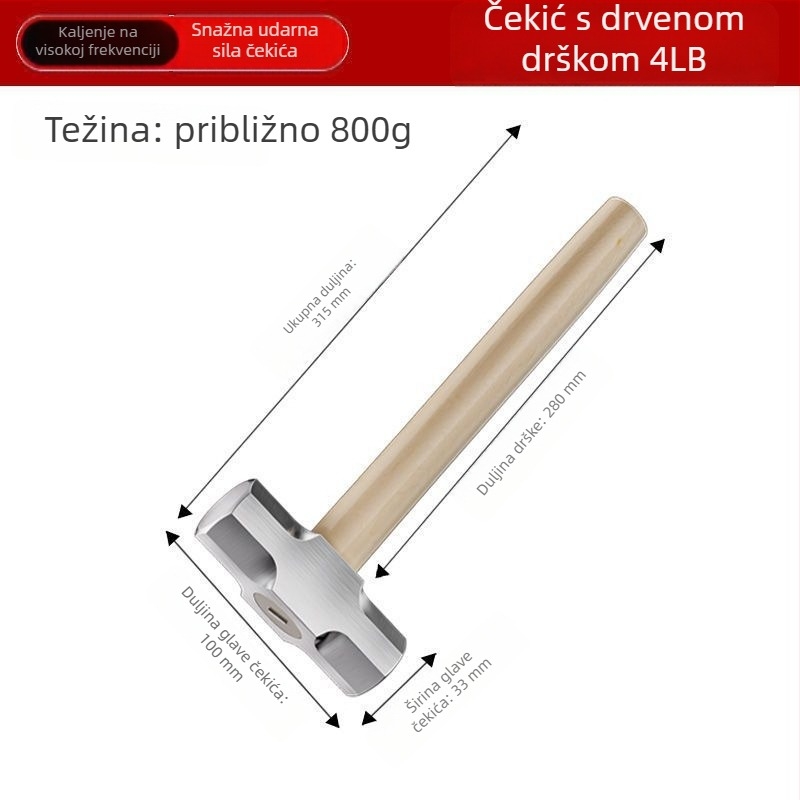 Oktagonalni čekić s drvenom drškom – teški čekić za rušenje zidova i rad s kamenom