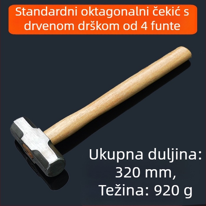 Oktagonalni željezni čekić s drvenom drškom, teški građevinski čekić s dvostrukom glavom