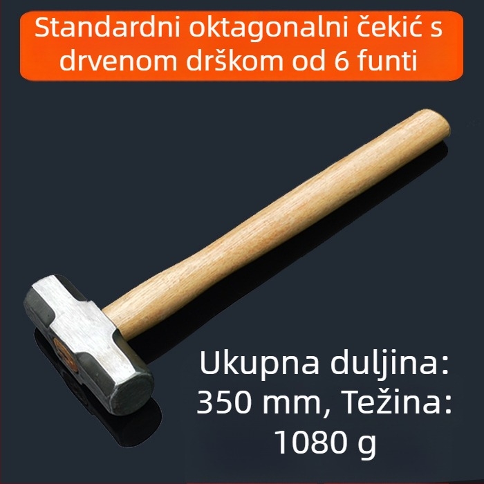 Oktagonalni željezni čekić s drvenom drškom, teški građevinski čekić s dvostrukom glavom