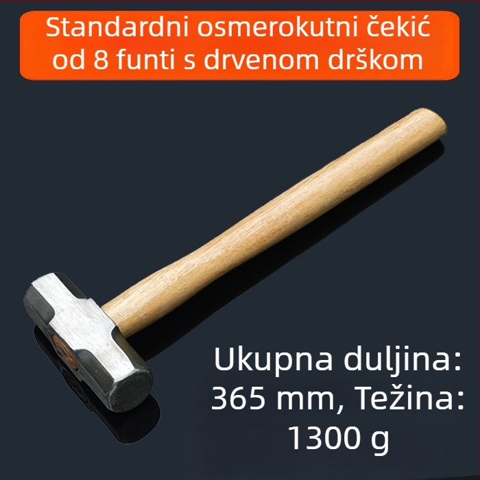 Oktagonalni željezni čekić s drvenom drškom, teški građevinski čekić s dvostrukom glavom