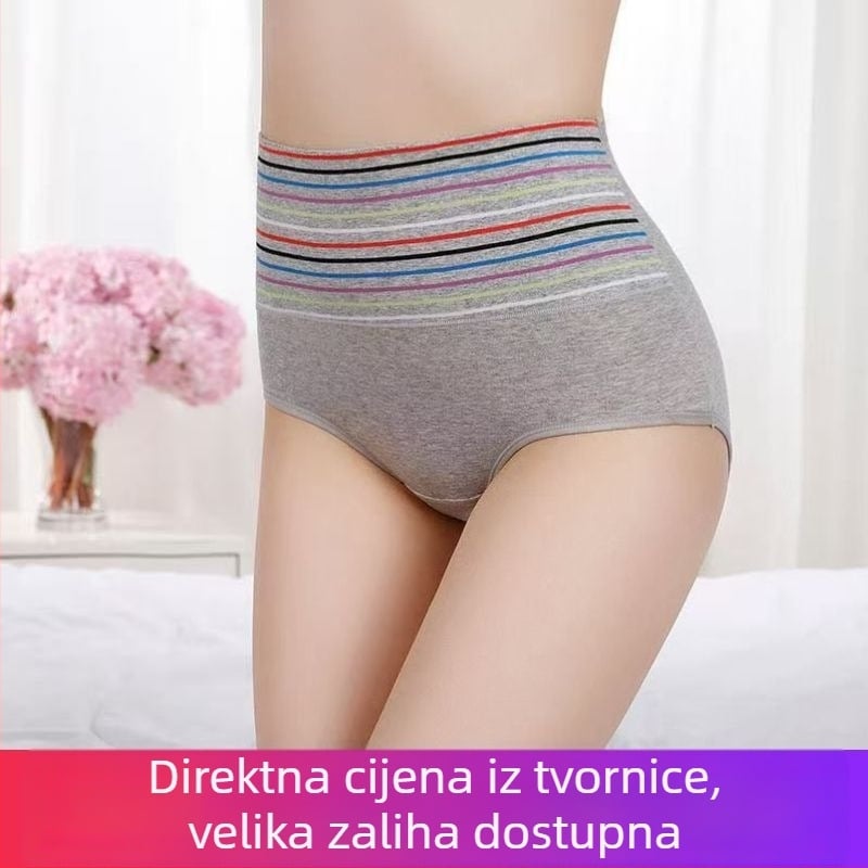 Ženske pamuk gaćice s visokim strukom, prugaste, učvršćuju trbuh i podižu stražnjicu, prozračne