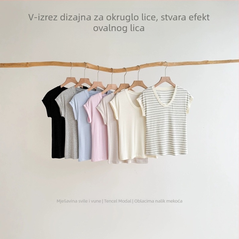 Ženski ljetni T‑shirt od mješavine svile i vune, Tencel Modal, Slim Fit, drop-shoulder