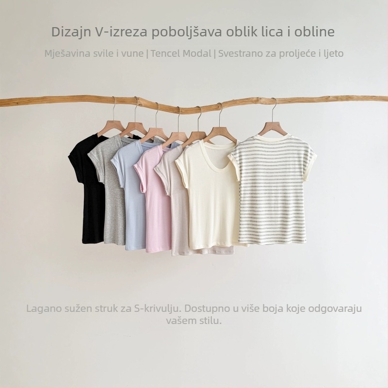 Ženski ljetni T‑shirt od mješavine svile i vune, Tencel Modal, Slim Fit, drop-shoulder