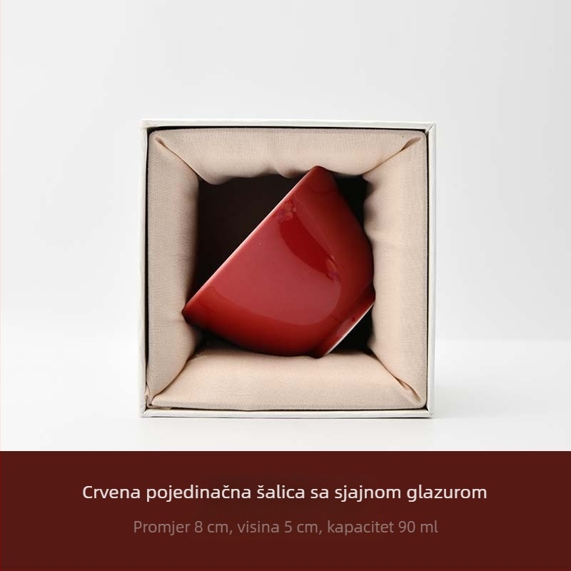Crvena glazirana porcelanska šalica za čaj u kineskom stilu, keramika visokotemperaturna, jedna šalica za svakodnevnu upotrebu