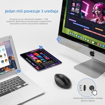 Ergonomska vertikalna miša u obliku jajeta, Bluetooth, dvostruko punjenje, tihi rad