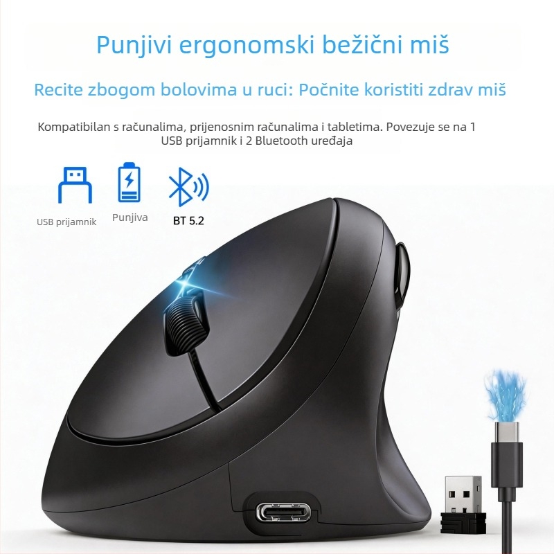 Ergonomska vertikalna miša u obliku jajeta, Bluetooth, dvostruko punjenje, tihi rad