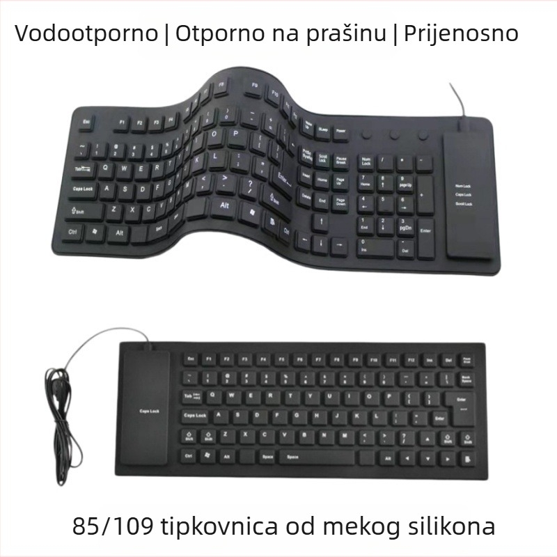 85/109 tipki silikonska membranska tipkovnica, otporna na prašinu i vodu, sklapanje, prijenosna, USB