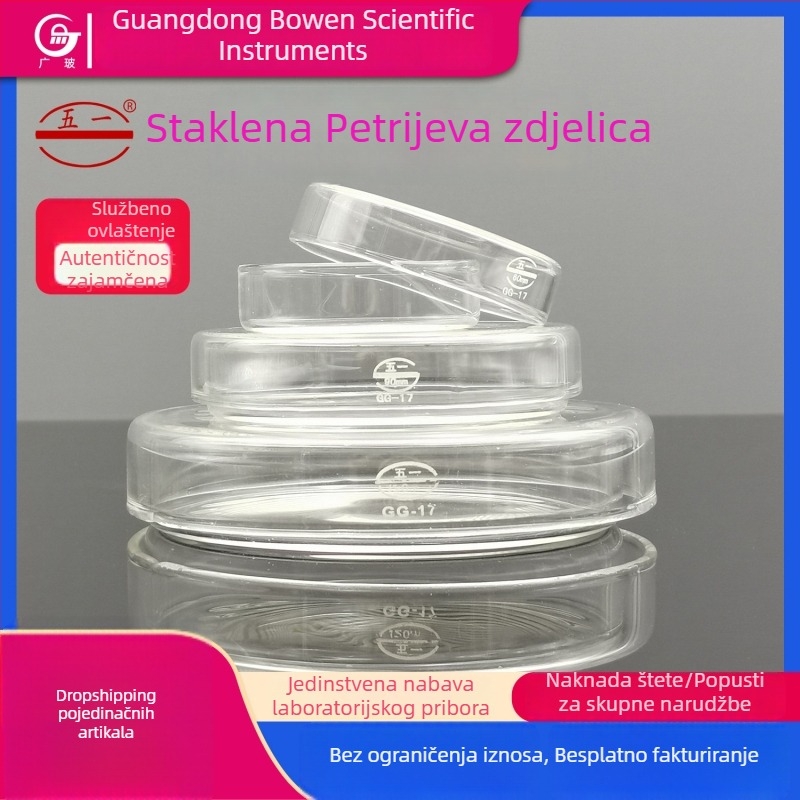 Staklena Petri posuda za laboratorij s poklopcem, otporna na visoke temperature, pogodna za mikrobiologiju i hidroponiju