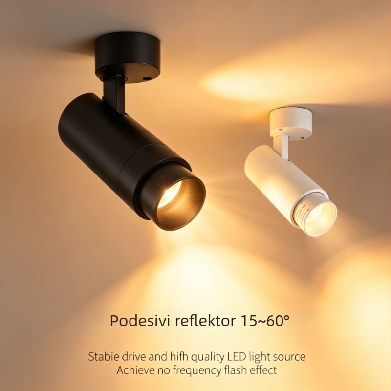 COB spot montiran na površinu s podesivim fokusom — stropno downlight s difuznim snopom, pogodno za trgovine odjeće, trgovine, restorane i kućnu upotrebu.