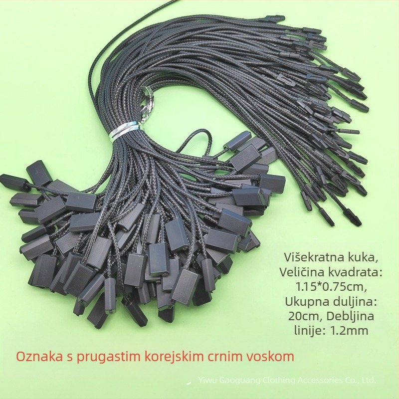 Lančard za etikete s kvadratnim prugama od voskane niti, ponovo upotrebljiv s kukom, crno-bijeli