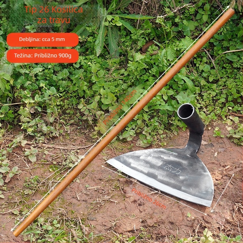 Kovana motika za korov, jedinstvene izrade, duga drška, za poljoprivredu.