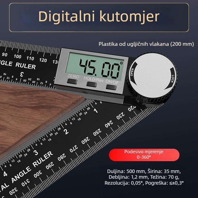 Digitalni kutomjer s prikazom, visoka preciznost, 360° mjerenje, višenamjenski univerzalni mjerni alat za stolariju