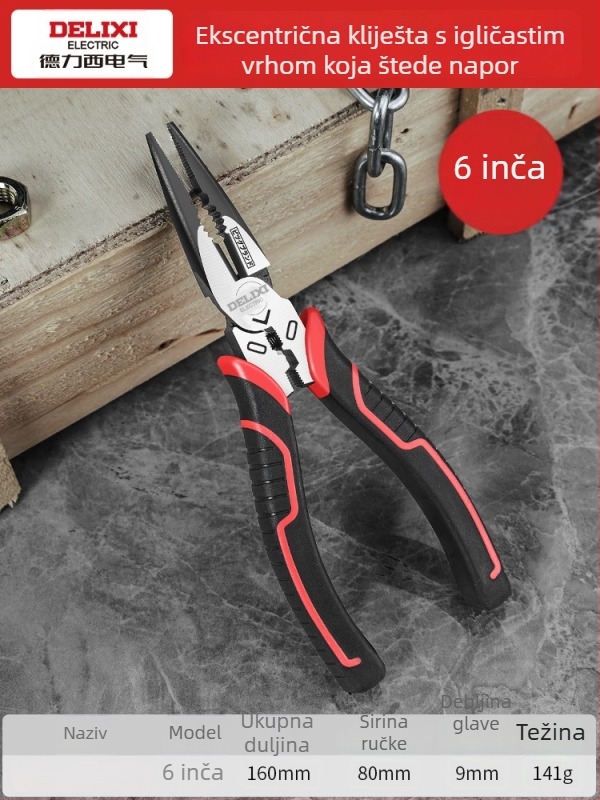 Delixi ekscentrične kliješta, industrijske klase, štede snagu, kliješta za žicu s igličastim vrhom, 6–8–9 inča