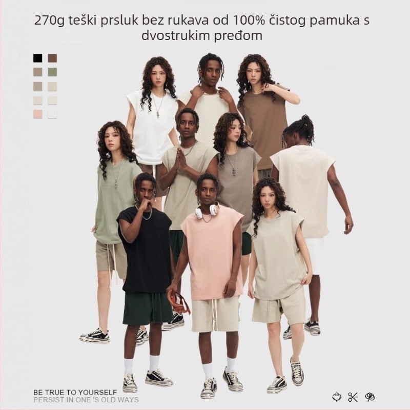 MQFuShi muški bezruk majica od pamuka, 32S dvostruko pređene niti, 270 g, teška, slobodan kroj, sportski stil