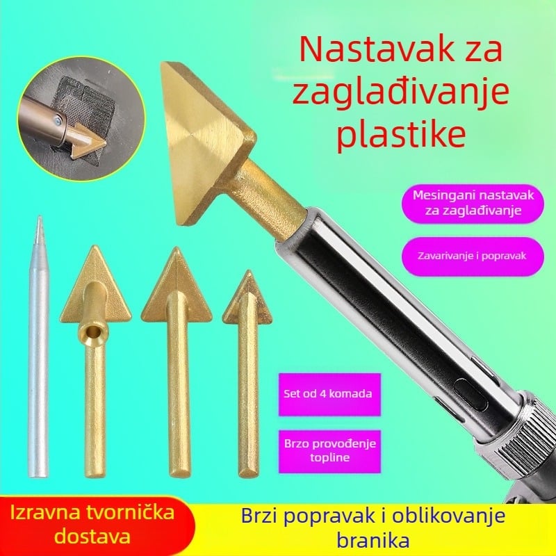 Alat za plastično zavarivanje s trokutastom glavom za izravnavanje i bakrenim vrhom s otvorom, za zagrijavanje i glađenje šipki za zavarivanje — popravak automobinskog branka