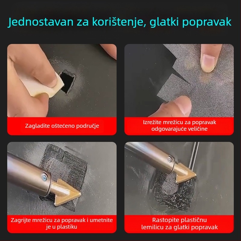 Alat za plastično zavarivanje s trokutastom glavom za izravnavanje i bakrenim vrhom s otvorom, za zagrijavanje i glađenje šipki za zavarivanje — popravak automobinskog branka
