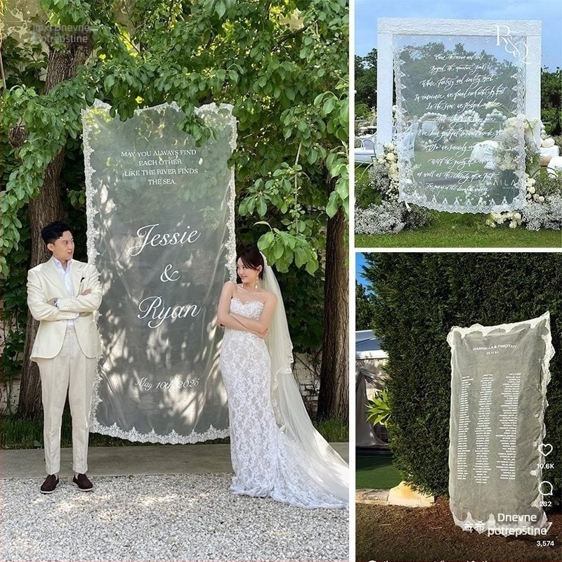 Čipkasta gazena pozadina s natpisom, viseći dobrodošlice znak, rekviziti za fotografiranje zaruka i dekoracija za check-in